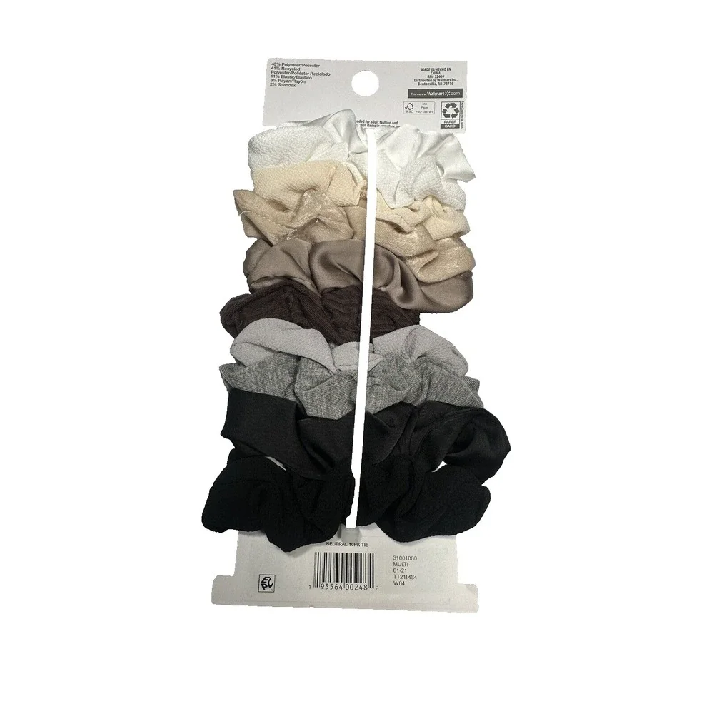 TIME and TRU 10 pack hair scrunchies‎ ties white brown grey black gray